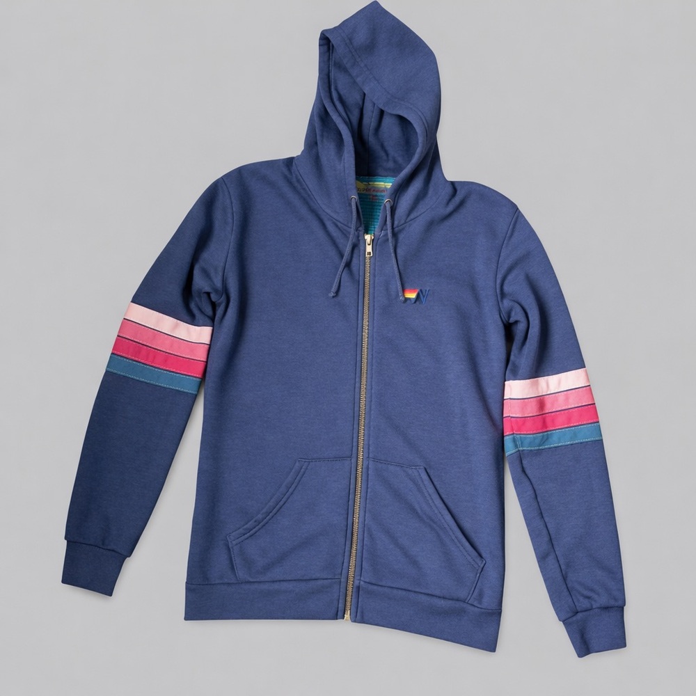 Aviator Nation xSoulCycle Navy Zip Hoodie with Pink Stripes